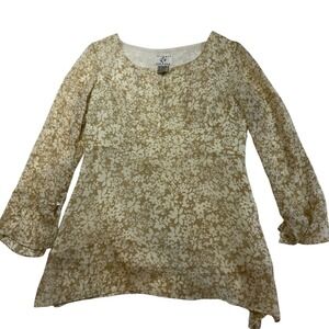 ICE Women's Size M Beige Floral Silk Long Sleeve Bell‎ Sleeve Top Blouse